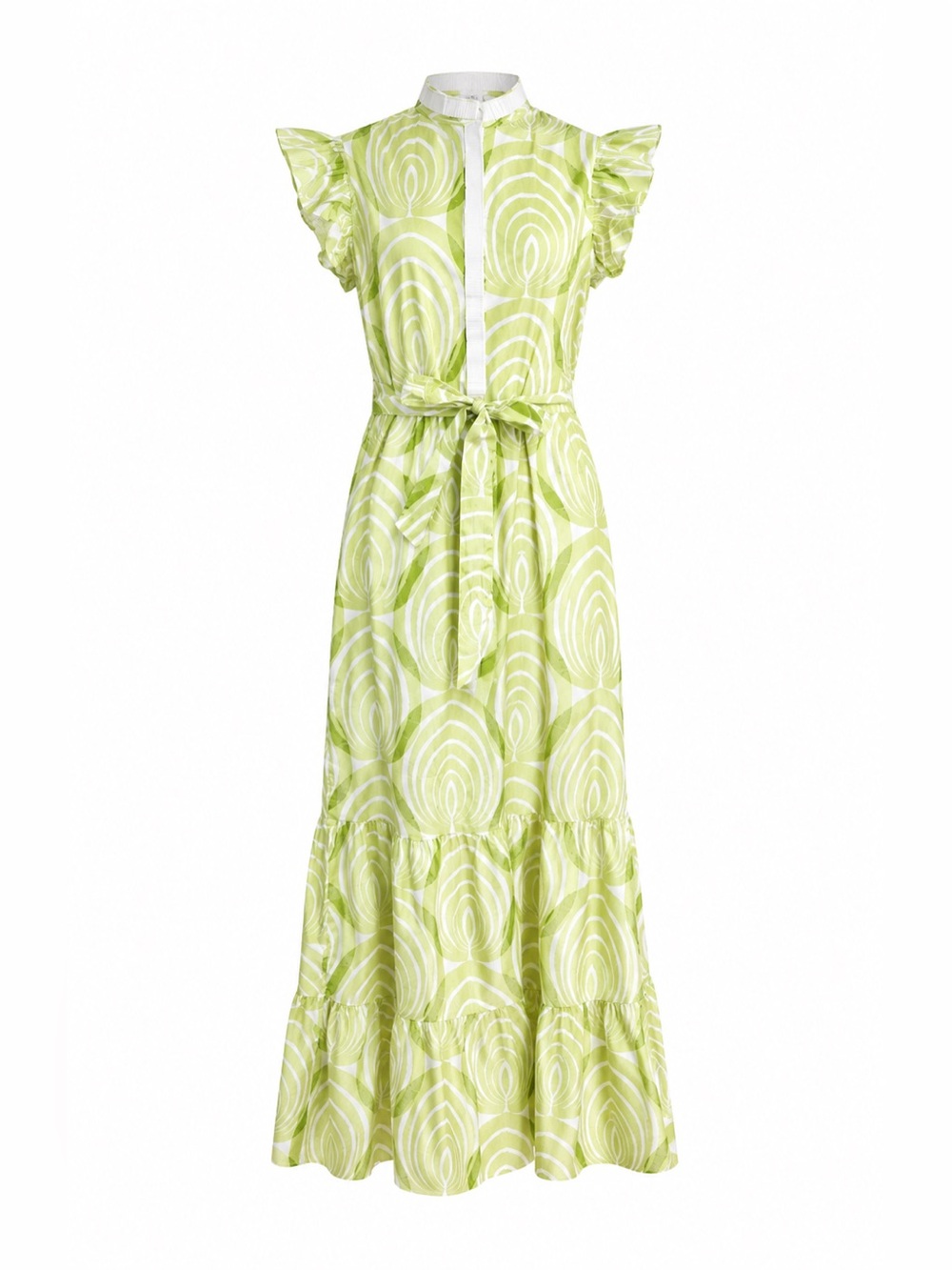 Sheridan French Lime Green White Print Maxi Dress XS Flutter Sleeve Belted